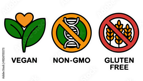 Vegan, Non-GMO, Gluten free icon set