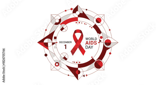 Striking geometric illustration with a prominent red ribbon, representing global unity, support, and critical health awareness for an important annual observance held December first