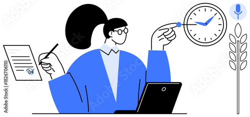 Woman holding pen and document, managing time with a clock, working on a laptop. Ideal for productivity, multitasking, planning, goal setting, organization efficiency workflow. Simple flat metaphor