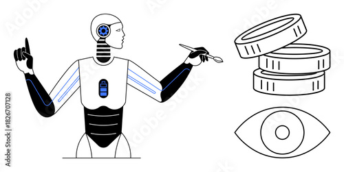 Robot armed with a brush suggesting creativity, stack of coins symbolizing economy, and eye implying vision and surveillance. Ideal for AI, creativity, innovation, technology, automation, economy