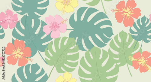 Vibrant tropical leaf and flower pattern with monstera leaves, hibiscus flowers in pink, yellow, orange, and green hues on cream background, perfect for summer designs