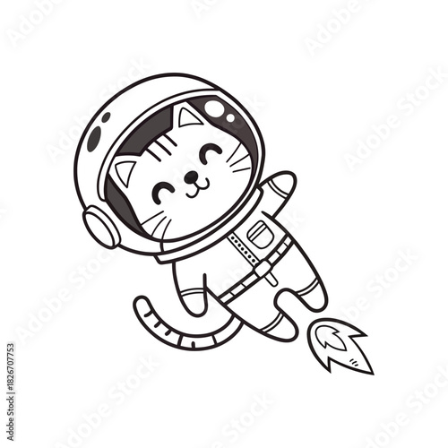Cute cartoon cat astronaut floating in space silhouette