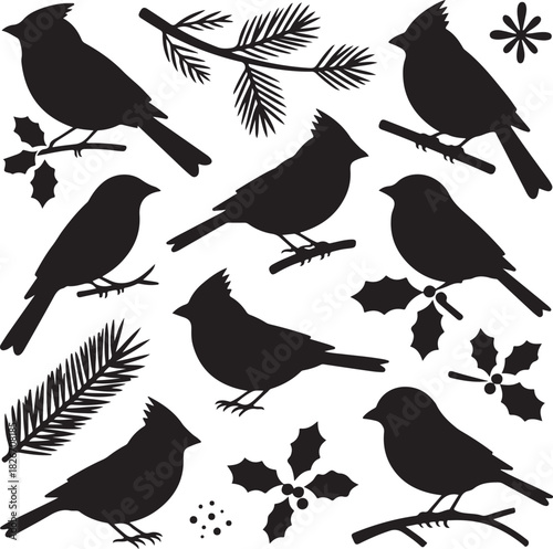 Elegant black bird silhouettes with winter foliage festive seamless pattern