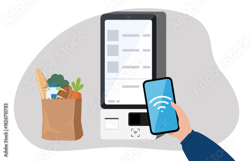 Contactless grocery checkout. A customer uses a smartphone to pay at a self-service kiosk, with a bag of groceries nearby.