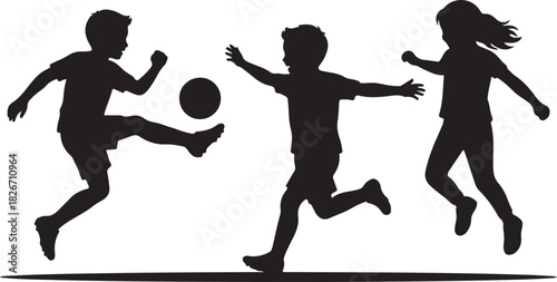 Black silhouette of children playing with ball on white background, vector