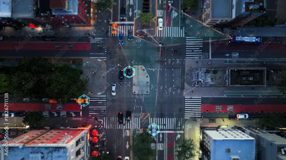custom made wallpaper toronto digitalAerial top down view of a city intersection with a digital overlay. Autonomous cars identified and tracked, showing data connection lines