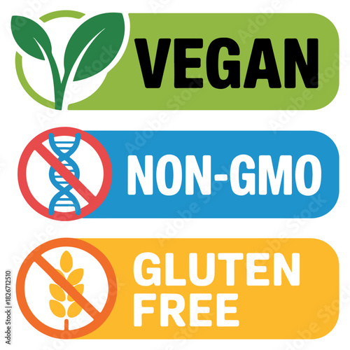 Vegan, Non-GMO, Gluten free icon set, Vegan, Non-GMO, Gluten free vector set