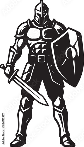 black silhouette of warrior on white background, vector