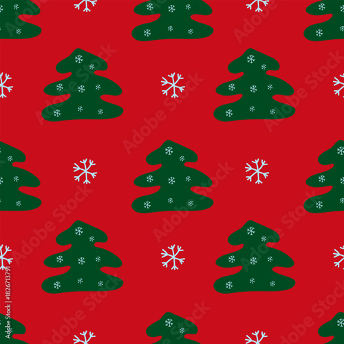 Seamless pattern of Christmas trees and snowflakes in a flat vector style in green and red tones for a festive winter holiday background