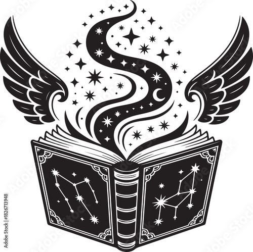 black silhouette of a witch’s spellbook, its pages fluttering as if stirred by unseen magic under a soft, eerie dim light. 