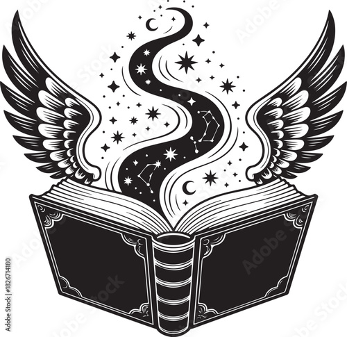 black silhouette of a witch’s spellbook, its pages fluttering as if stirred by unseen magic under a soft, eerie dim light. 