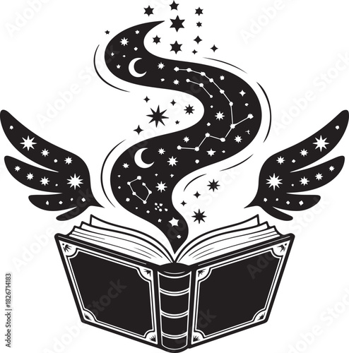black silhouette of a witch’s spellbook, its pages fluttering as if stirred by unseen magic under a soft, eerie dim light. 