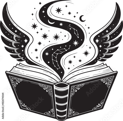 black silhouette of a witch’s spellbook, its pages fluttering as if stirred by unseen magic under a soft, eerie dim light. 