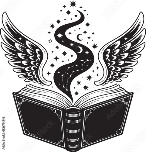 black silhouette of a witch’s spellbook, its pages fluttering as if stirred by unseen magic under a soft, eerie dim light. 