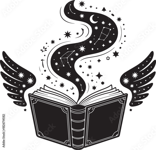 black silhouette of a witch’s spellbook, its pages fluttering as if stirred by unseen magic under a soft, eerie dim light. 