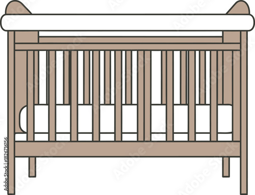 Simple wooden crib with white bedding, ready for a baby's arrival