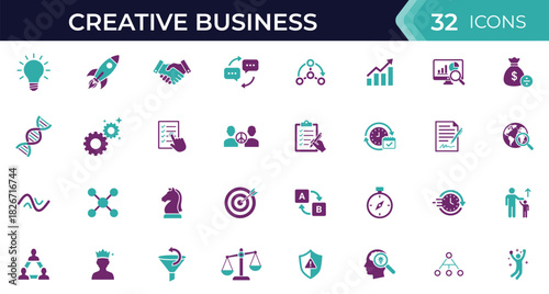 Creative business solutions and innovation glyph icon set. Vector pictograms of idea, teamwork, communication, planning, analysis, management, strategy, target, growth, and productivity illustration