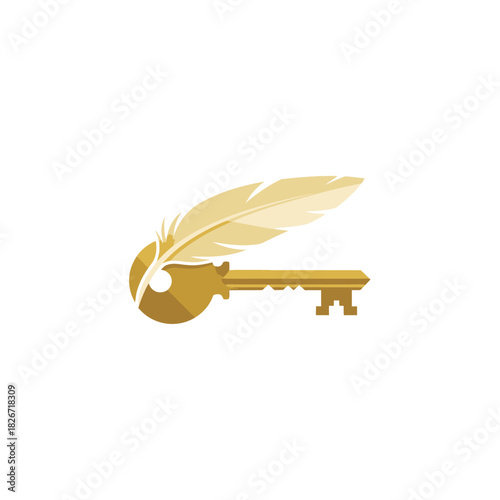Golden key with a feather attached, symbolizing knowledge, magic, or unlocking secrets, on a plain white background.