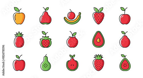 A vibrant collection of flat design fruit icons, showcasing apples, pears, strawberries, and more, perfect for healthy food themes.