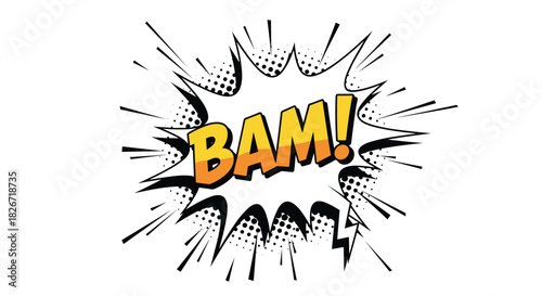 Comic book style speech bubble with 'BAM!' text, explosion effect, and halftone dots, representing impact or sudden action.