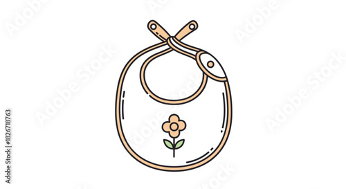 A sweet and simple line art illustration of a baby bib with a small peach-colored flower and stem design, on a pure white background.