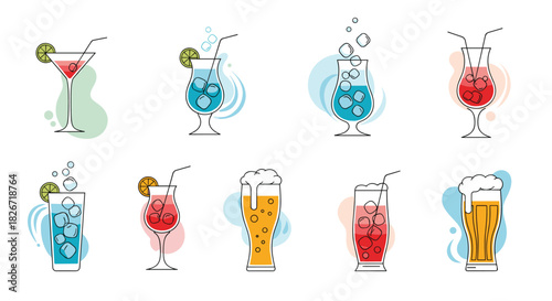 Vibrant vector illustrations of assorted alcoholic and non-alcoholic beverages, featuring cocktails, beer, and mixed drinks in diverse glass designs.