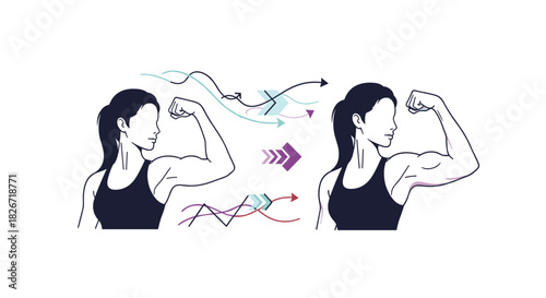 A woman's arm demonstrates the concept of muscle growth and strength transformation, illustrated by abstract lines and arrows.