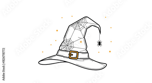 Illustrated witch's hat adorned with spiderwebs and a dangling spider, featuring a golden buckle and magical golden specks, perfect for Halloween celebrations.