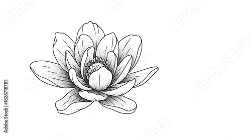 Elegant black and white line art illustration of a blooming lotus flower with intricate stippling details, ideal for various design projects.