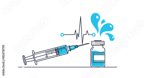A medical syringe, vial with splashing liquid, and heartbeat line symbolizing healthcare, medicine, and vaccination concept.