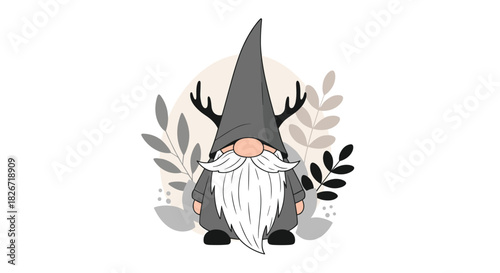 Cute gnome with a long white beard, wearing a grey pointy hat with antlers, surrounded by abstract botanical elements on a light background.
