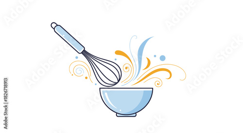 A vibrant illustration depicts a light blue whisk above a mixing bowl, with colorful abstract swirls symbolizing the dynamic and creative process of baking.