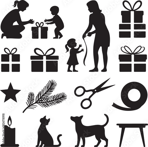 Festive Christmas Silhouette with Family Gifts Pets and Holiday Items