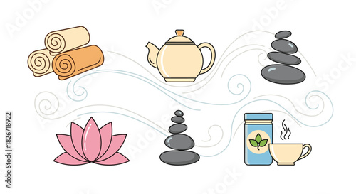 An illustration of wellness and relaxation elements, featuring rolled towels, a teapot, zen stones, a lotus flower, and a cup of herbal tea.