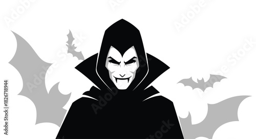 A fearsome vampire with sharp fangs and a dark cloak, gazing intensely, surrounded by flying bats against a stark background.