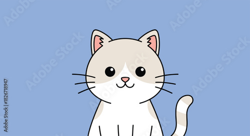 A cute cartoon cat with white and light brown markings, big black eyes, and a sweet smile looks forward on a bright blue background.