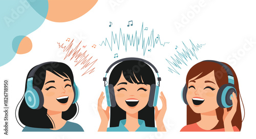 Cheerful young women with headphones happily listening to music, surrounded by illustrative sound waves and musical notes.