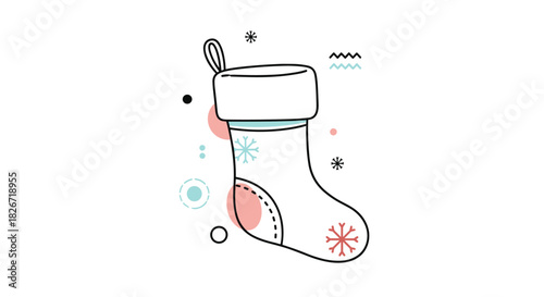 Festive illustration of a simple Christmas stocking adorned with snowflakes and abstract geometric shapes in pastel colors.