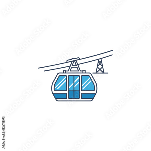 Illustration of a cable car with a support tower in the background.