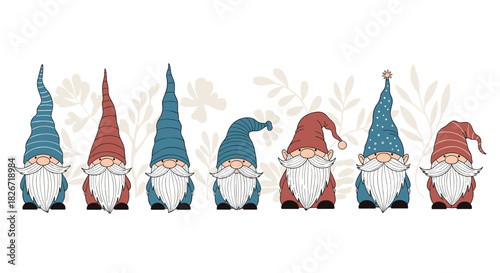 A row of cute cartoon gnomes with long white beards and colorful hats, standing against a backdrop of subtle floral and leafy patterns.
