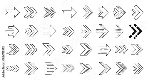 Collection of diverse modern linear and filled right-pointing arrow icons for web design, UI, UX, and graphic design projects.