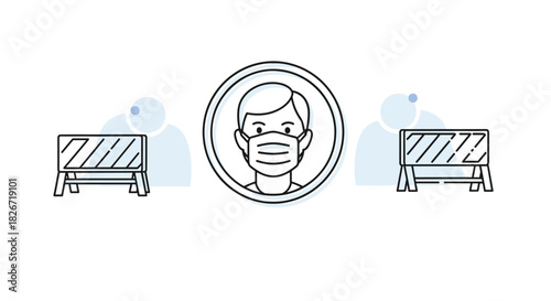 A graphic illustration of a person wearing a medical mask, centrally framed by a circle, with social distancing barriers on both sides, symbolizing health safety.