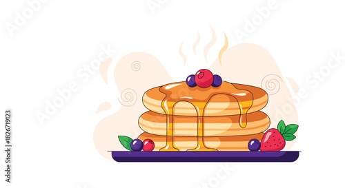 A tempting stack of golden pancakes generously drizzled with maple syrup, garnished with fresh berries, and served on a plate.