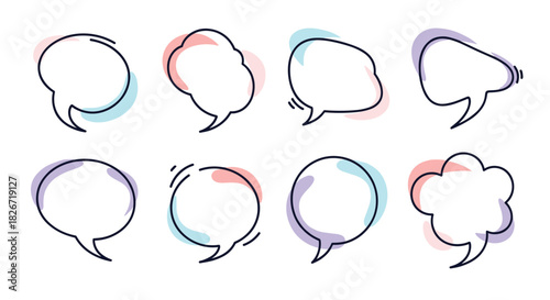 Modern hand-drawn speech and thought bubbles with colorful abstract shapes, ideal for communication, dialogue, and idea representation in designs.