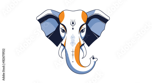 A stylized vector illustration of an elephant head, possibly Ganesha, featuring traditional Indian motifs in a modern white, blue, and orange color palette.