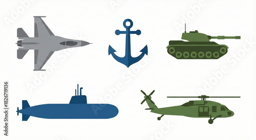 Illustrative set of military vehicles, including air force jets, army tanks, and navy submarines with an anchor