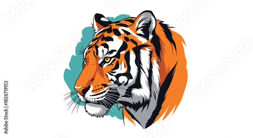 A vibrant illustration of a tiger's head in profile, featuring bold orange and black stripes and piercing golden eyes, in a modern vector art style.