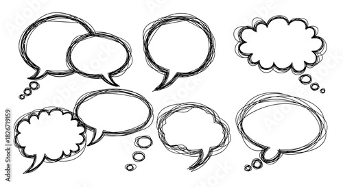 A collection of expressive hand-drawn scribble speech and thought bubbles, featuring various shapes and styles, isolated on a white background.
