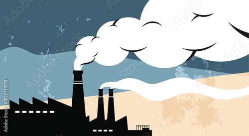 Stylized illustration of a factory with smokestacks emitting thick white smoke, symbolizing industrial pollution and environmental concerns.