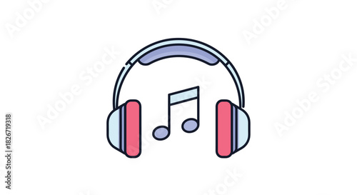A minimalist cartoon illustration of blue and red over-ear headphones with a musical note floating in the center, representing music listening.